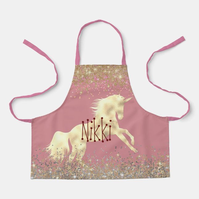 Glittery Gold Unicorn on Pink Personalised Apron (Front)