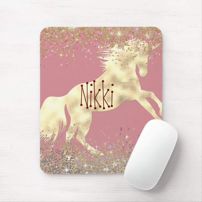 Glittery Gold Unicorn on Pink Personalised Mouse Mat (With Mouse)