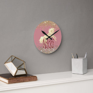 Glittery Gold Unicorn on Pino Personalised  Round Clock