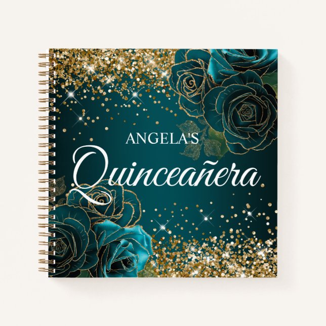 Glittery Gold Vintage Teal Roses Quinceanera Guest Notebook (Front)