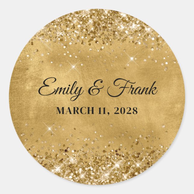 Glittery Gold Wedding Classic Round Sticker (Front)