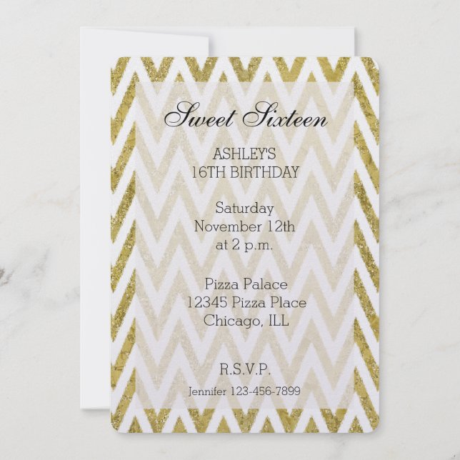Glittery Gold White Chevron Stripes Sweet Sixteen Invitation (Back)