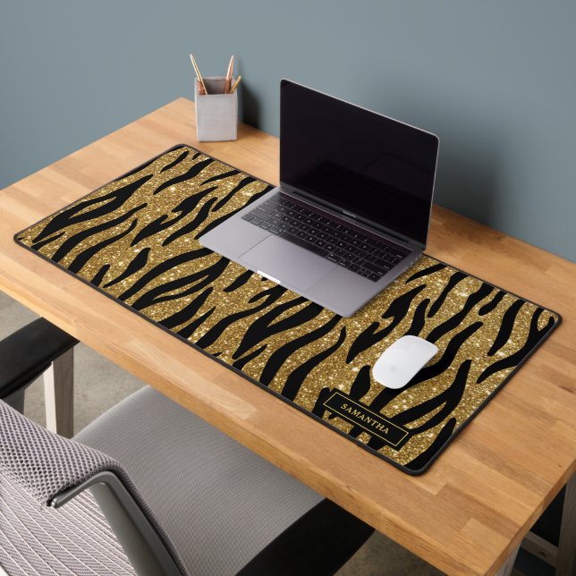 Glittery Gold Zebra Pattern Custom Monogram Desk Mat (Office 2)