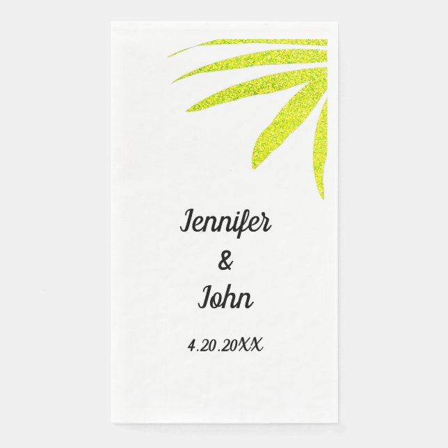 Glittery Golden Green Tropical Palm Wedding White Napkin (Front)