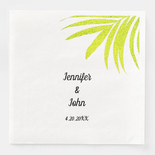 Glittery Golden Green Tropical Palm Wedding White  Napkin (Front)