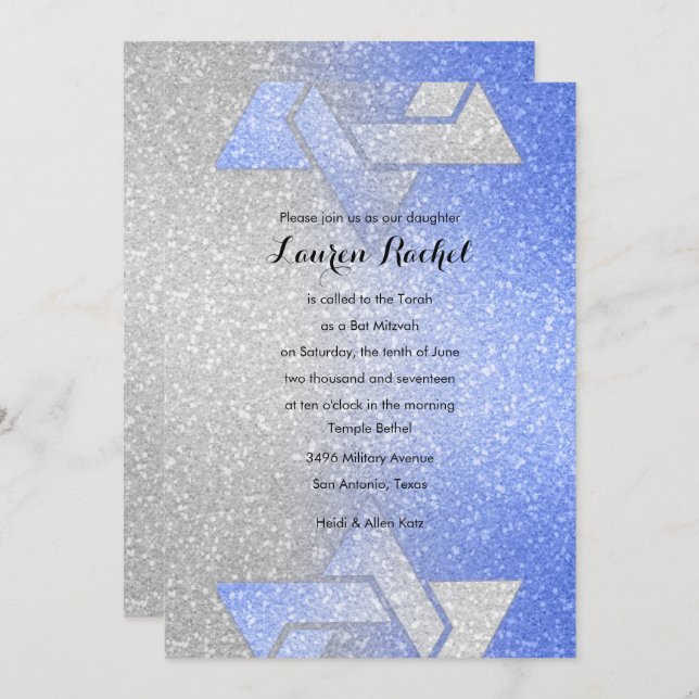 Glittery Gradient Bat Mitzvah Blue Invitation (Front/Back)
