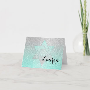 Glittery Gradient Bat Mitzvah Thank You Aqua Card