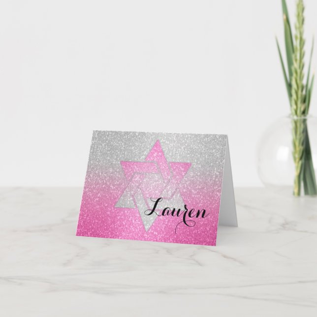 Glittery Gradient Bat Mitzvah Thank You Hot Pink Note Card (Front)