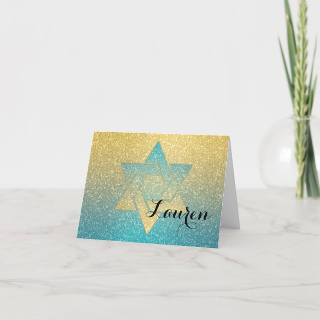 Glittery Gradient Bat Mitzvah Thank You Turquoise Note Card (Front)