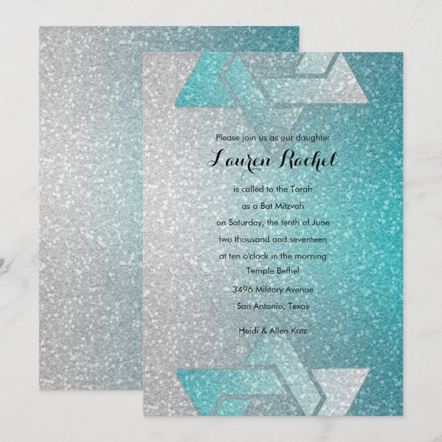 Glittery Gradient Bat Mitzvah Turquoise Invitation (Front/Back)