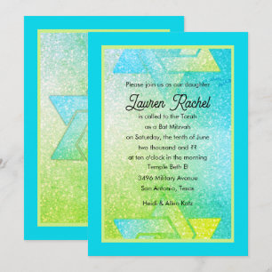 Glittery Gradient Bat Mitzvah Turquoise Lime Invit Invitation
