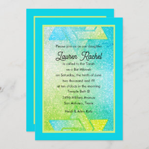 Glittery Gradient Bat Mitzvah Turquoise Lime Invit Invitation