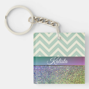 Glittery Green and Purple Chevron Key Ring