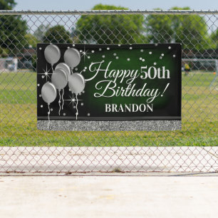 Glittery Green and Silver Happy Birthday Banner