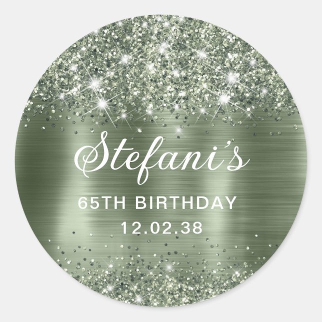 Glittery Green Sage Foil 65th Birthday Classic Classic Round Sticker (Front)