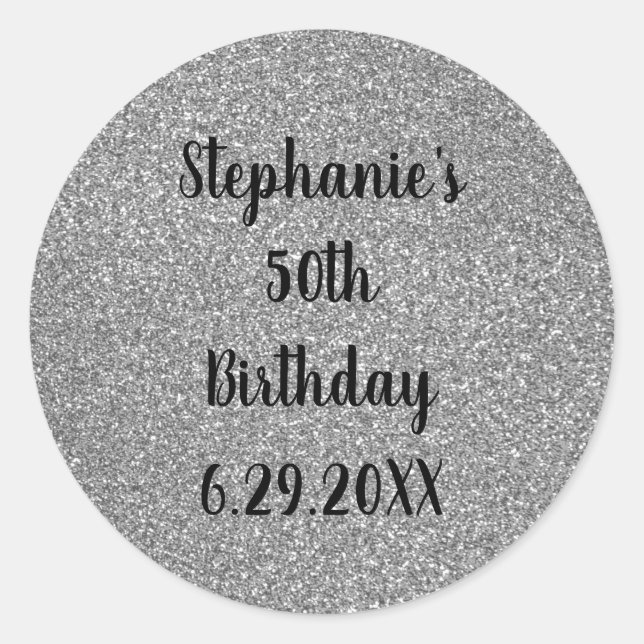 Glittery Grey Silver Happy Birthday Name Custom Classic Round Sticker (Front)