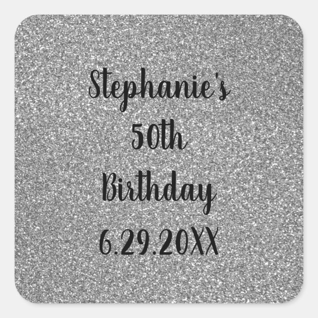 Glittery Grey Silver Happy Birthday Name Custom  Square Sticker (Front)