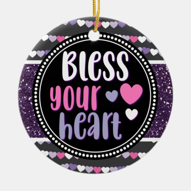 Glittery Hearts Purple Bless Your Heart Christmas Ceramic Tree Decoration (Front)
