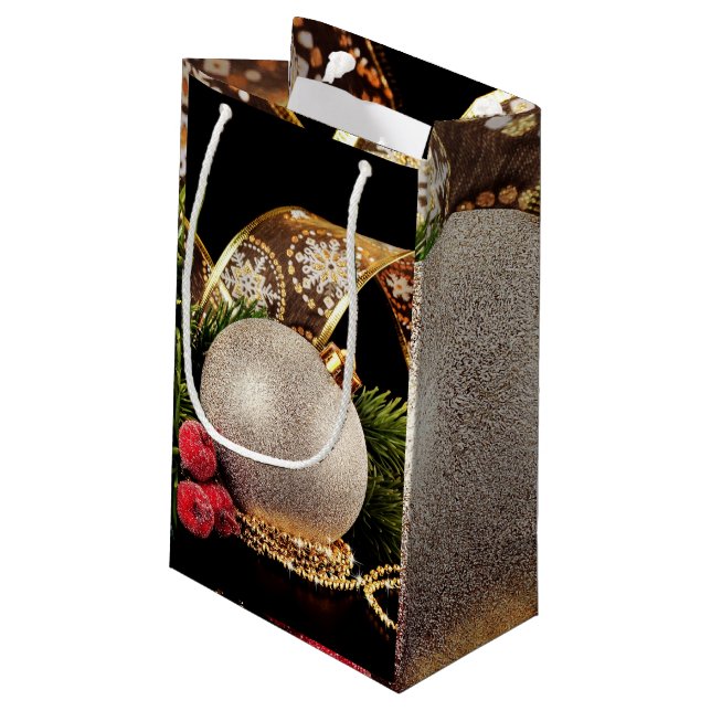 Glittery Holiday Gold Ribbons Silver Ball Gift Bag (Back Angled)