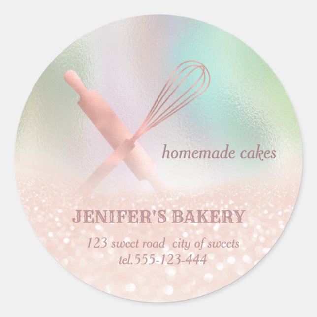 Glittery holograph rolling pin & whisk chef bakery classic round sticker (Front)