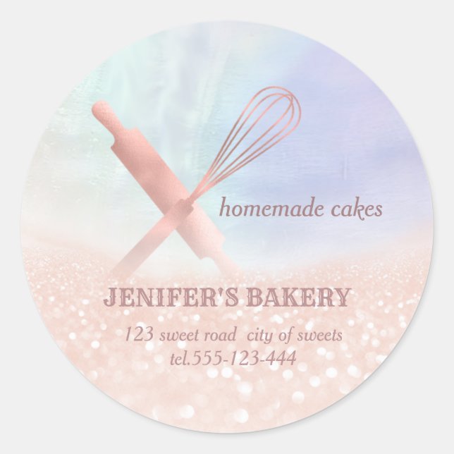 Glittery holograph rolling pin & whisk chef bakery classic round sticker (Front)