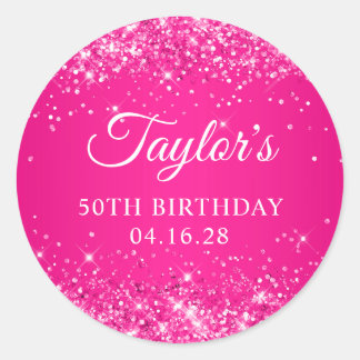 Glittery Hot Pink 50th Birthday Classic Round Sticker