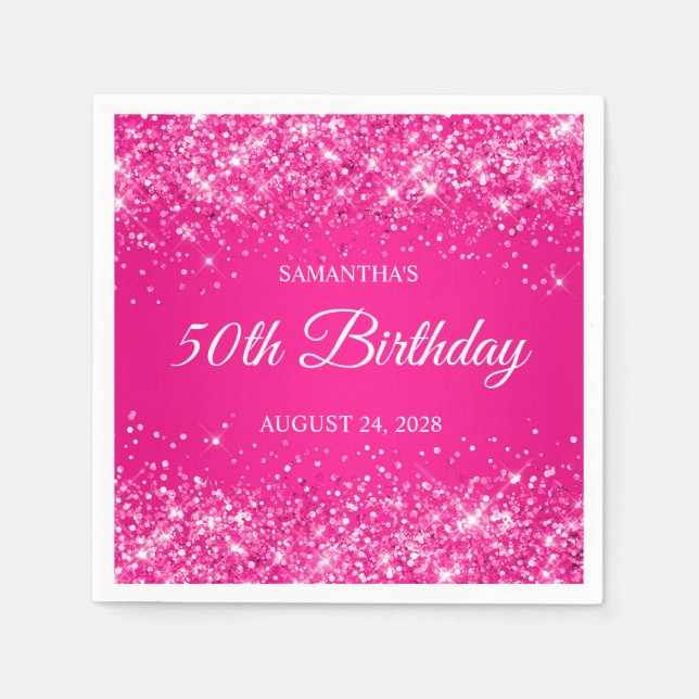 Glittery Hot Pink 50th Birthday Napkin (Front)