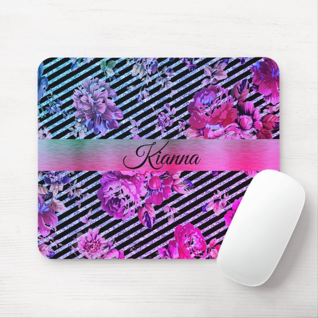 Glittery Hot Pink and Teal Floral       Mouse Mat (With Mouse)