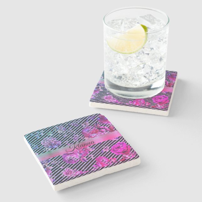 Glittery Hot Pink and Teal Floral Personalised     Stone Coaster (Side)