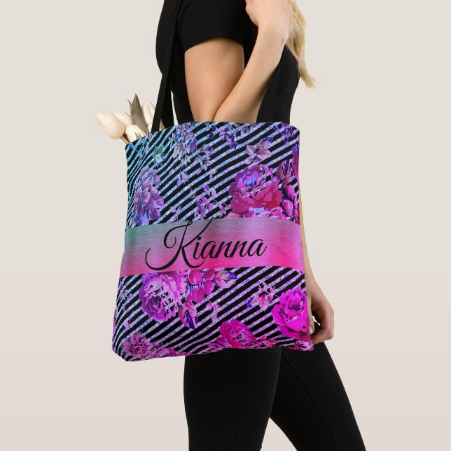 Glittery Hot Pink and Teal Floral Personalised Tote Bag (Close Up)