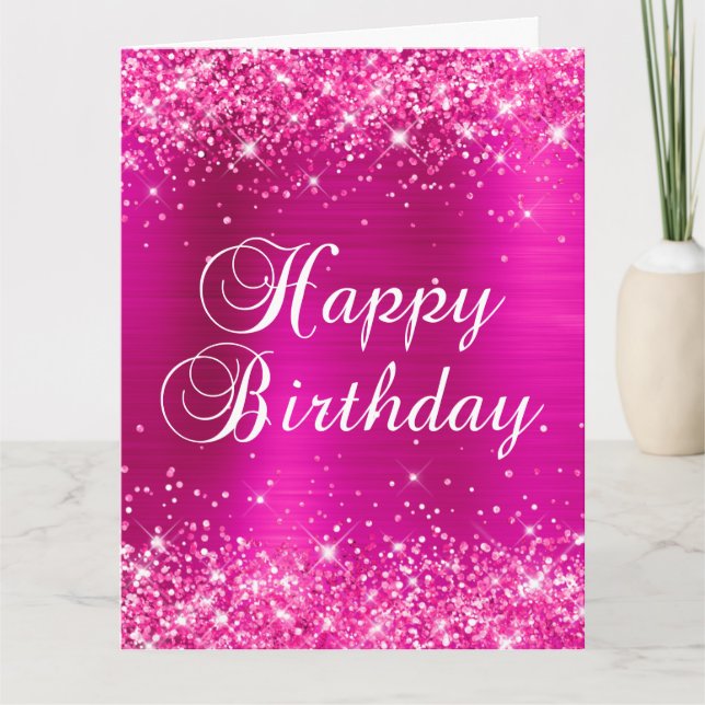 Glittery Hot Pink Foil Big Happy Birthday Card (Front)