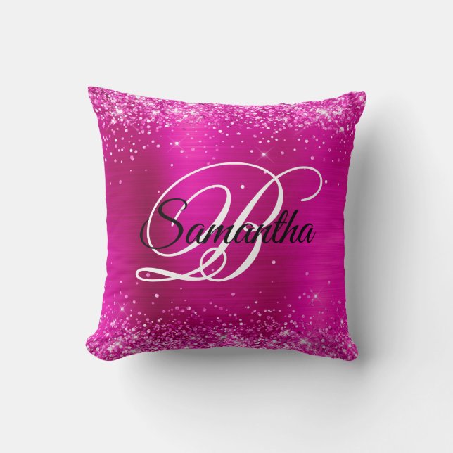 Glittery Hot Pink Foil Fancy Monogram Cushion (Front)