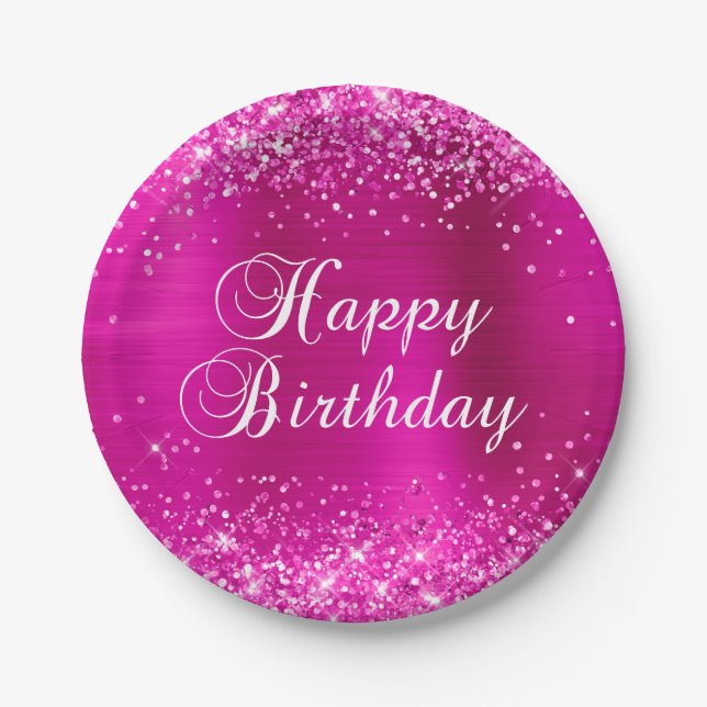 Glittery Hot Pink Foil Happy Birthday Paper Plate (Front)