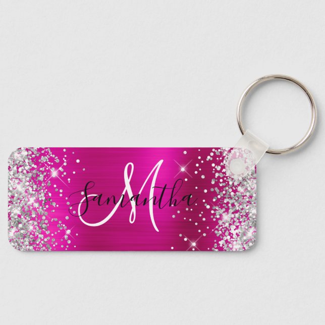 Glittery Hot Pink Foil Monogram Skinny Horizontal Key Ring (Front)