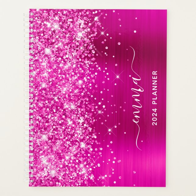 Glittery Hot Pink Foil Swash Signature Planner (Front)