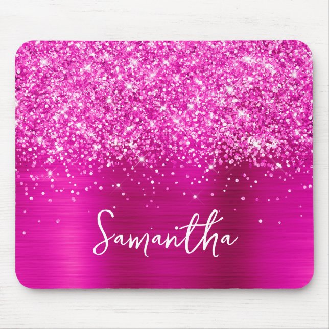 Glittery Hot Pink Glam Name Mouse Mat (Front)