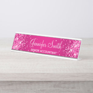 Glittery Hot Pink Gradient Desk Name Plate