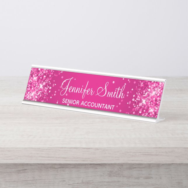 Glittery Hot Pink Gradient Desk Name Plate (Front)
