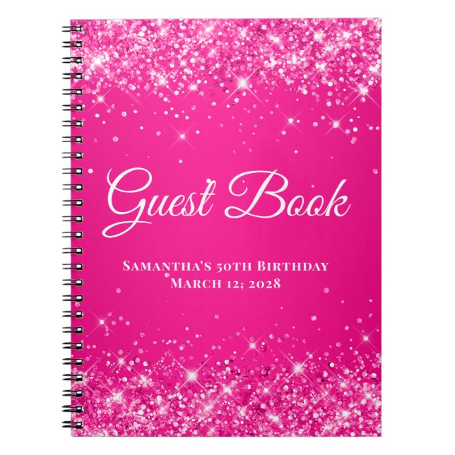 Glittery Hot Pink Ombre Birthday Celebration Guest Notebook (Front)