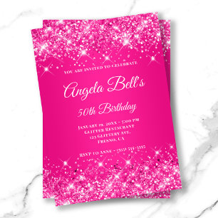 Glittery Hot Pink Ombre Fancy Monogram Invitation