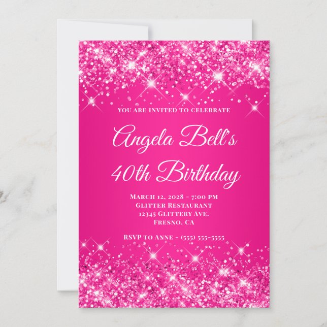Glittery Hot Pink Ombre Monogram 40th Birthday Invitation (Front)