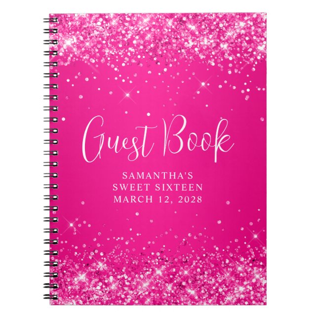 Glittery Hot Pink Ombre Sweet 16 Guest Notebook (Front)