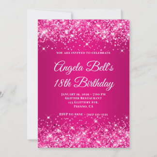 Glittery Hot Pink Raspberry Ombre 18th Birthday Invitation