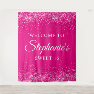 Glittery Hot Pink Sweet 16 Birthday Welcome Tapestry