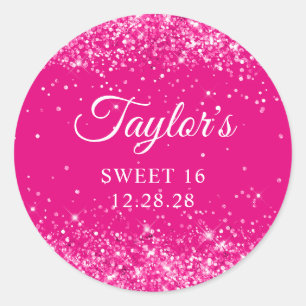 Glittery Hot Pink Sweet 16 Classic Round Sticker