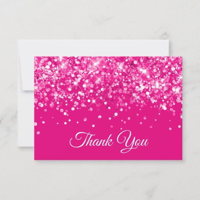 Glittery Hot Pink Sweet 16 Thank You Card (Front)