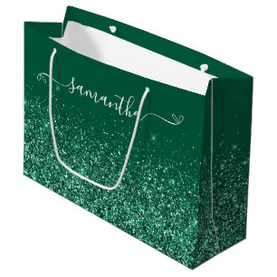 Glittery Hunter Green Cute Bow Signature Name Large Gift Bag