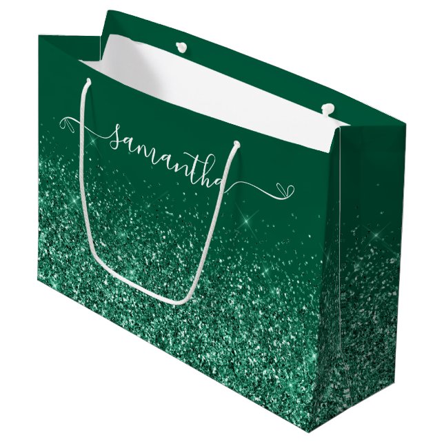 Glittery Hunter Green Cute Bow Signature Name Large Gift Bag (Front Angled)