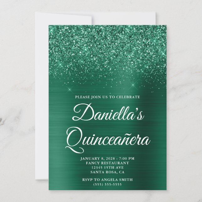 Glittery Hunter Green Foil Quinceañera Invitation (Front)