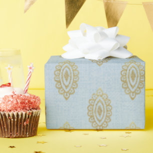 Glittery Ikat Medallion - Sky Blue & Gold Wrapping Paper